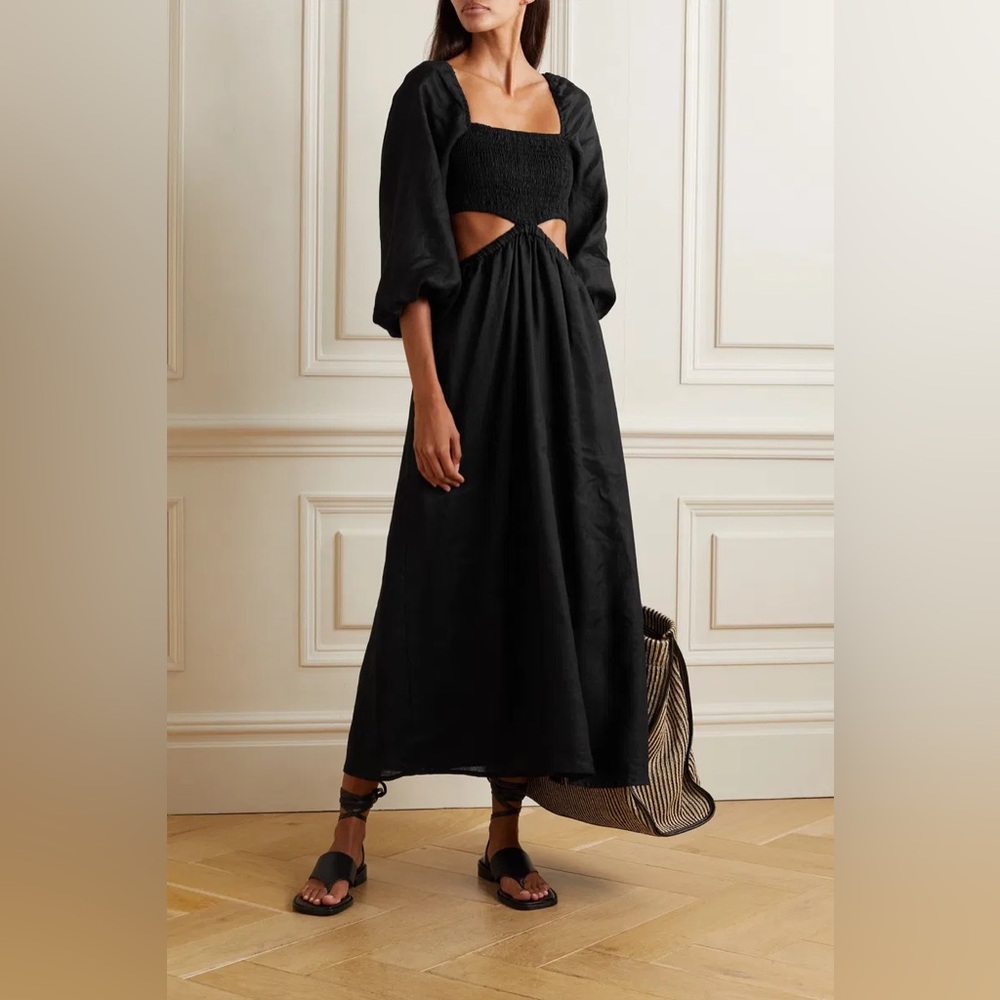 Nadiva Shirred Cutout Linen Midi Dress